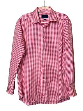 David Donahue Red & White Micro Gingham Check Trim Cotton Button down shirt